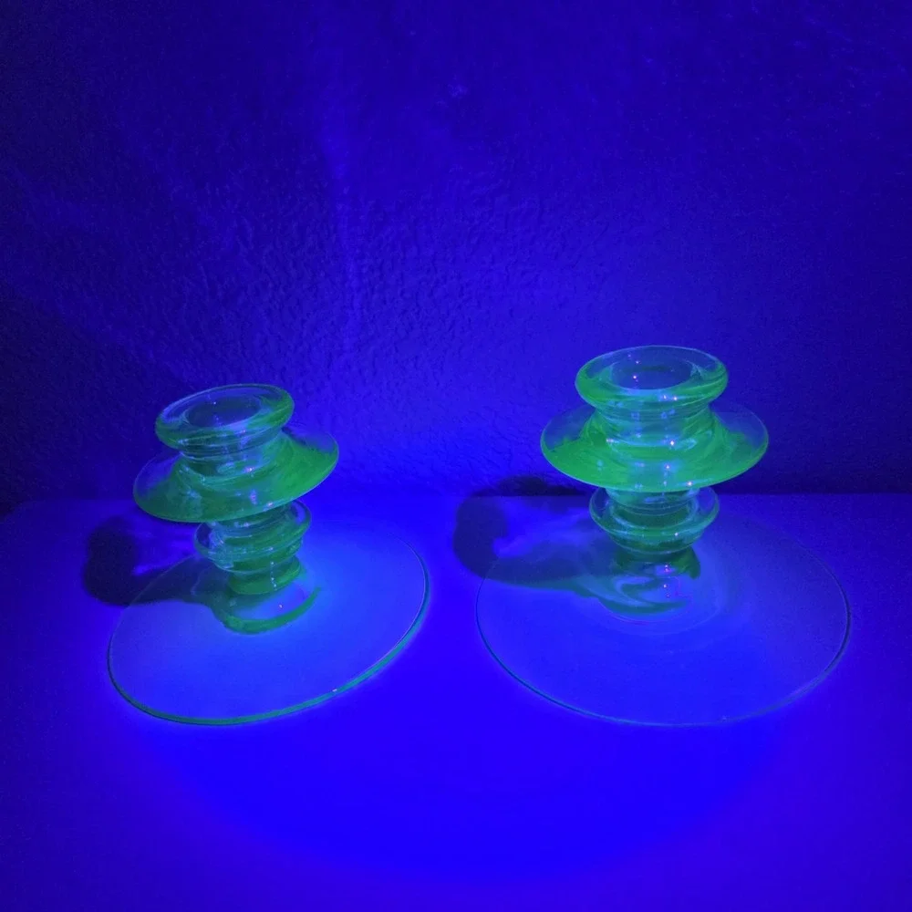 Vintage Pair Of Green Uranium Glass Candle Holders Depression Vaseline UV Glow